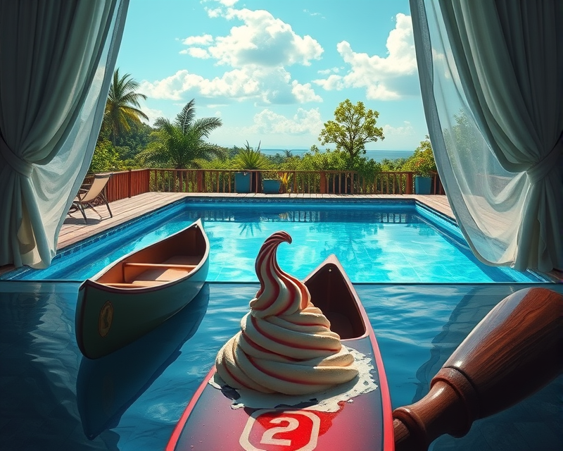 pool, ice cream, canoe, curtain, bat